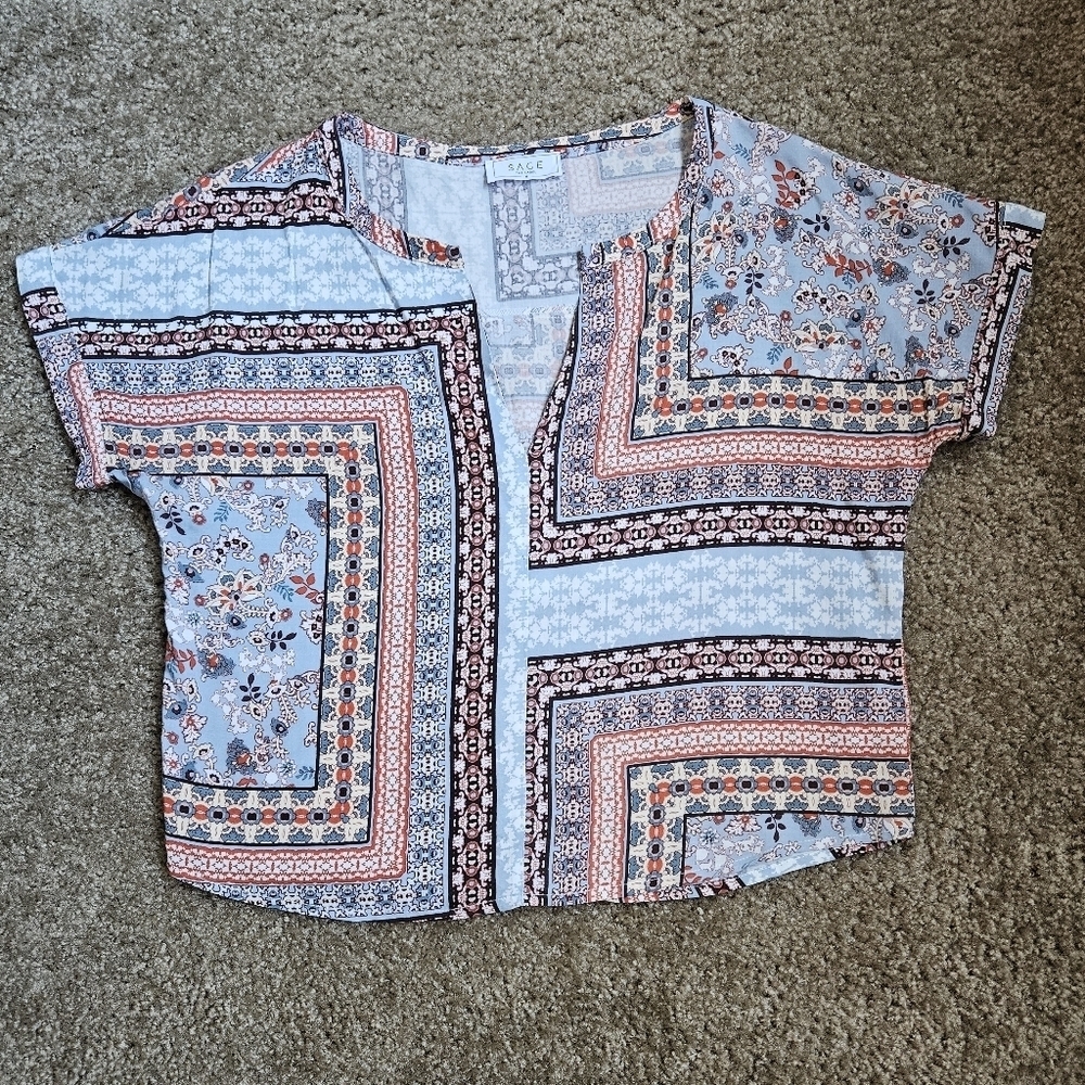 Sage The Label Bohemian Patchwork Short Sleeve Crop Top, Size Small